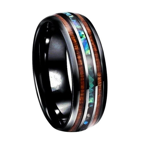 Men's 8mm Tungsten With Hawaiian Koa Wood & Abalone Shell Tri-Inlay Wedding Band